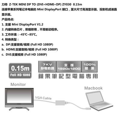 Z-TEK 力特 MINI DP TO (DVI+HDMI+DP) 0.15米轉接線 技術參數、應用場景與市場供應解析