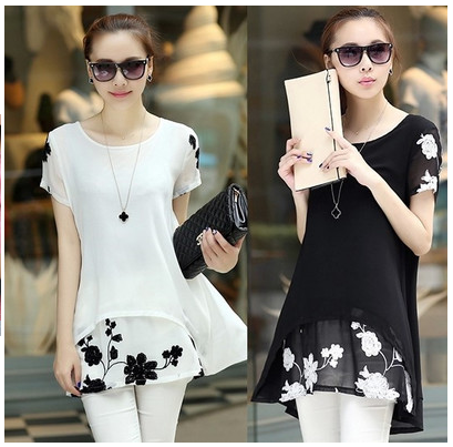 大碼女裝中長(zhǎng)款寬松上衣2017夏季韓版女半袖雪紡衣服女士短袖t恤_服飾